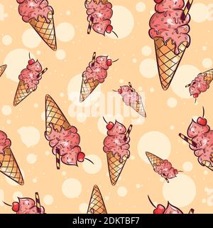 Repetitive background of icecream cones with cherry fruit and sprinkles. Repetitive summer background for kids. Stock Vector