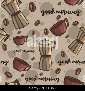 Brown seamless pattern with coffee. Repetitive beverage background with different objects. Stock Vector
