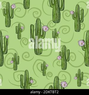 Green seamless pattern with saguaro cactuses in bloom. Repetitive background with desert plants. Stock Vector