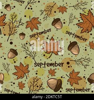 Autumn season background with leaves, acorns and branches. Fall seasonal seamless pattern with earth tones. Stock Vector