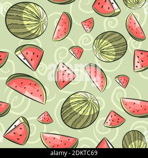 Pink and green watermelon seamless pattern. Repetitive background with fruits and slices for summer. Stock Vector