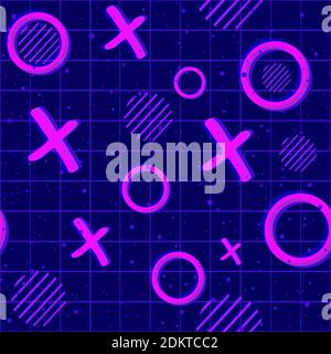 Psychedelic neon x and o seamless pattern for gaming. Purple and pink cyberpunk repetitive background. Stock Vector