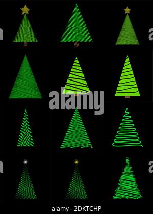 Doodle christmas tree set in scribble style. Green hand drawn fir tree collection. Vector illustration isolated on black background. Holiday minimal d Stock Vector