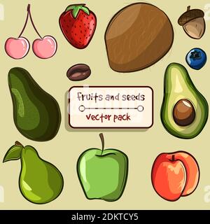 Small element pack with different type of fruits and seeds. Isolated vectors about vegan and healthy lifestyle. Stock Vector