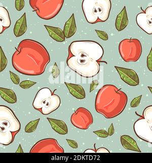 Summer tropical seamless pattern with red apples and green leaves. Repetitive background with fruits. Stock Vector