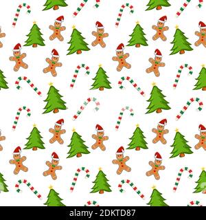 Holiday pattern with gingerbread cookies, candy cane and christmas tree on white background. Wrapping paper with repeating tile. Great for christmas c Stock Vector