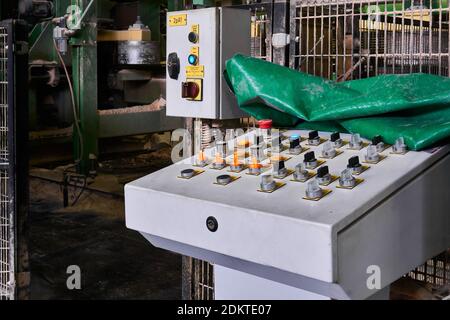 Perm, Russia - August 12, 2020: control panel for an automated production line at a modern sawmill Stock Photo