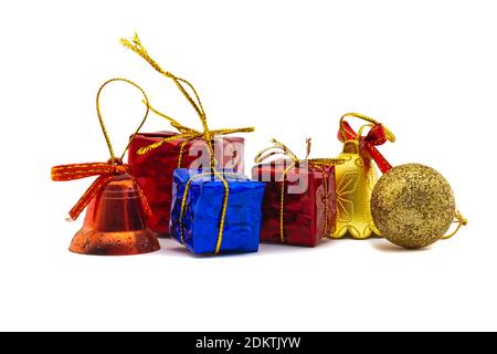 Christmas gift packages and ornaments with red, blue and yellow colors isolated on white background. Stock Photo