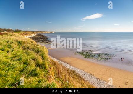 View of Flamborough Head from North Beach shoreline, Bridlington, North Yorkshire, England, United Kingdom, Europe Stock Photo