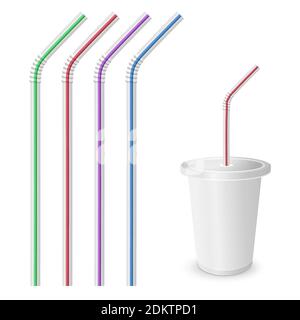 Straw for beverage. Striped and colorful straws. Drinking straws isolated on a white background. Plastic fastfood cup for beverages with straw. Stock Vector