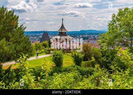 View of Chinese Pavilion and cityscape, Graz, Styria, Austria, Europe Stock Photo