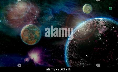 Computer generated fantasy image of a planet with three moons with gaseous nebula in the background Stock Photo
