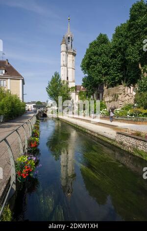 Evreux (northern France): the Clock Tower, also known as the belfry, and the River Iton Stock Photo