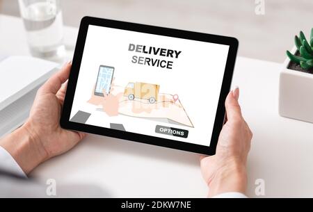 Delivery Service App Opened On Digital Tablet In Female Hands, Creative Collage Stock Photo
