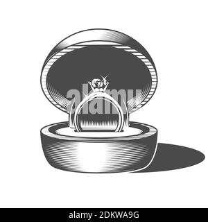 Wedding ring in round gift box with precious stone, engagement and marriage symbol, ring in case, vector Stock Vector