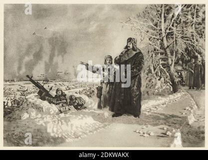 Battle of Moscow. Stalin at the front near Moscow. Soviet propaganda picture. 1941 Stock Photo