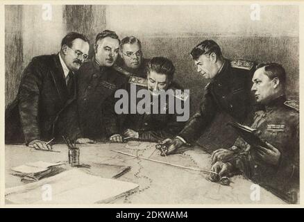From left to right: V. Molotov, K. Voroshilov, A. Shcherbakov, I. Stalin, A. Vasilevsky, K. Rokossovsky for the development of a plan for the encircle Stock Photo
