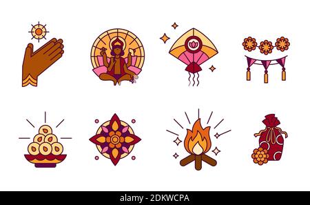 Makara Sankranti, Hindu festival of sun god Surya - solid icons in bright colors. Maghi or Pongal - Symbols of hands in pray, Patang Kite, Laddu Stock Vector