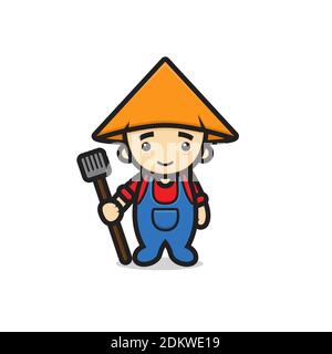cute farmer boy mascot character holding ground fox. design isolated on white background. Stock Photo
