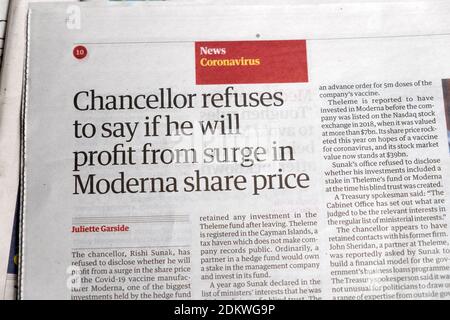 'Chancellor refuses to say if he will profit from surge in Moderna share price' Coronavirus Covid newspaper headline in Guardian London UK 18 Nov 2020 Stock Photo