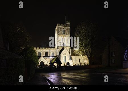 St Mary's Church, Felmersham, Bedfordshire, UK - Village church floodlit in December for Christmas and the New Year Stock Photo