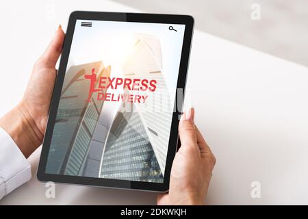 Express Delivery App Interface Opened On Digital Tablet In Female Hands, Collage Stock Photo