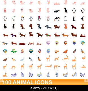 100 animal icons set. Cartoon illustration of 100 animal icons vector set isolated on white background Stock Vector
