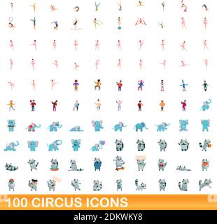 100 circus icons set. Cartoon illustration of 100 circus icons vector set isolated on white background Stock Vector