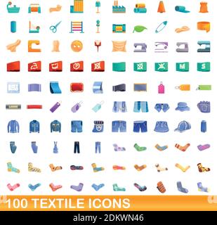 100 textile icons set. Cartoon illustration of 100 textile icons vector set isolated on white background Stock Vector