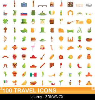 100 travel icons set. Cartoon illustration of 100 travel icons vector set isolated on white background Stock Vector