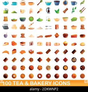 100 tea and bakery icons set. Cartoon illustration of 100 tea and bakery icons vector set isolated on white background Stock Vector