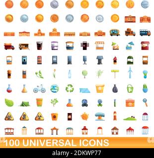 100 universal icons set. Cartoon illustration of 100 universal icons vector set isolated on white background Stock Vector