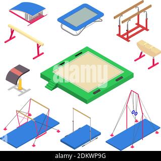 Gymnastics equipment icons set. Isometric set of gymnastics equipment vector icons for web design isolated on white background Stock Vector