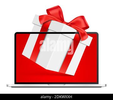 Online shopping concept, with an opened modern laptop, and gift box tied with the red ribbon. Realistic vector illustration for holiday shopping design decoration, isolated on the white background. Stock Vector