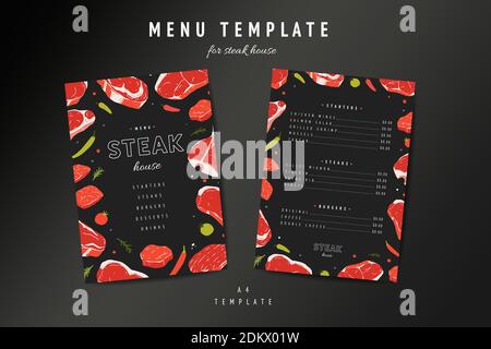 Steak house menu template, meat restaurant menu card design layout. Hand drawn illustration of beefsteaks rib eye and t-bone on black background Stock Vector