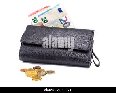 Black wallet with euro bills on white background Stock Photo