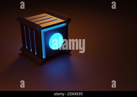 3D illustration of a neon cube with  windows shining brightly in a dark room. cyber shape in virtual reality. Futuristic home concept Stock Photo