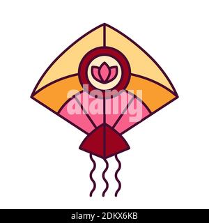 Colorful icon with indian kite Patang decorated by lotus. Pongal, hindu festival of sun God Surya. Symbol of Makara Sankranti - vector pictogram Stock Vector