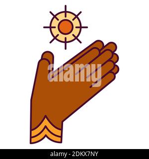 Bright icon with hands in pray gesture - Puja. Pongal, hindu festival of sun God Surya. Symbol of Makara Sankranti - vector pictogram Stock Vector