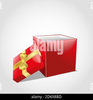 Opened red gift box with gold bow and shinning lights isolated on white background. vector illustration Stock Vector