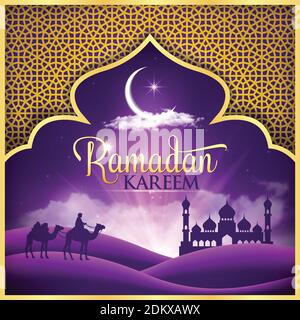 Ramadan kareem background. vector illustration with arabic desert mosque and moon in Purple. Festive Ramadan greetings card design