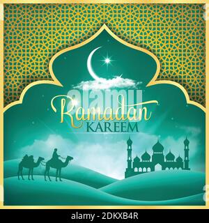 Ramadan kareem background. vector illustration with arabic desert mosque and moon in green. Festive Ramadan greetings card design Stock Vector