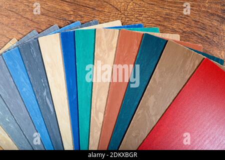 Samples of linoleum in different colors and designs for flooring in rooms and houses. Interior design and finishing materials Stock Photo