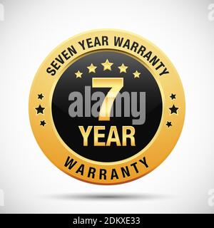 7 year warranty golden badge isolated on white background Stock Vector