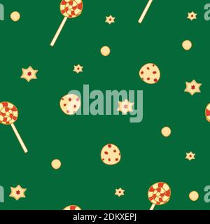 cookies seamless pattern on a green background. Stock Vector