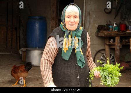 Vrancea County, Romania. Elderly woman with a bunch of fresh parsley. Stock Photo