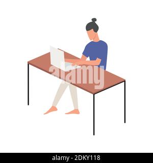 Woman sitting in home office and working with laptop. Freelancer, remote workplace. Stock Vector