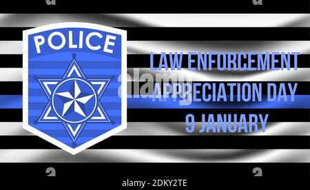 Law Enforcement Appreciation Day is celebrated in USA on January 9th each year. Police department badge, sheriff shield is shown. Flat vector with for Stock Vector