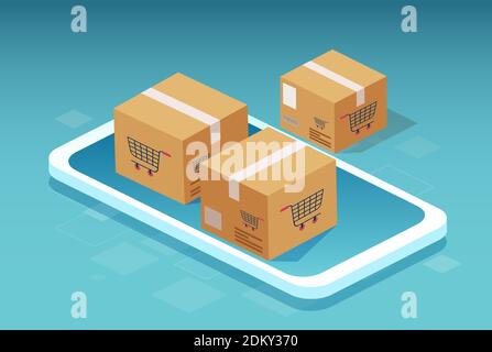 Vector of a smartphone and cardboard boxes with a shopping cart symbol Stock Vector