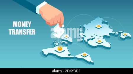 Global payment concept. Isometric vector of a businessman trasferring money worldwide using global financial system. Stock Vector